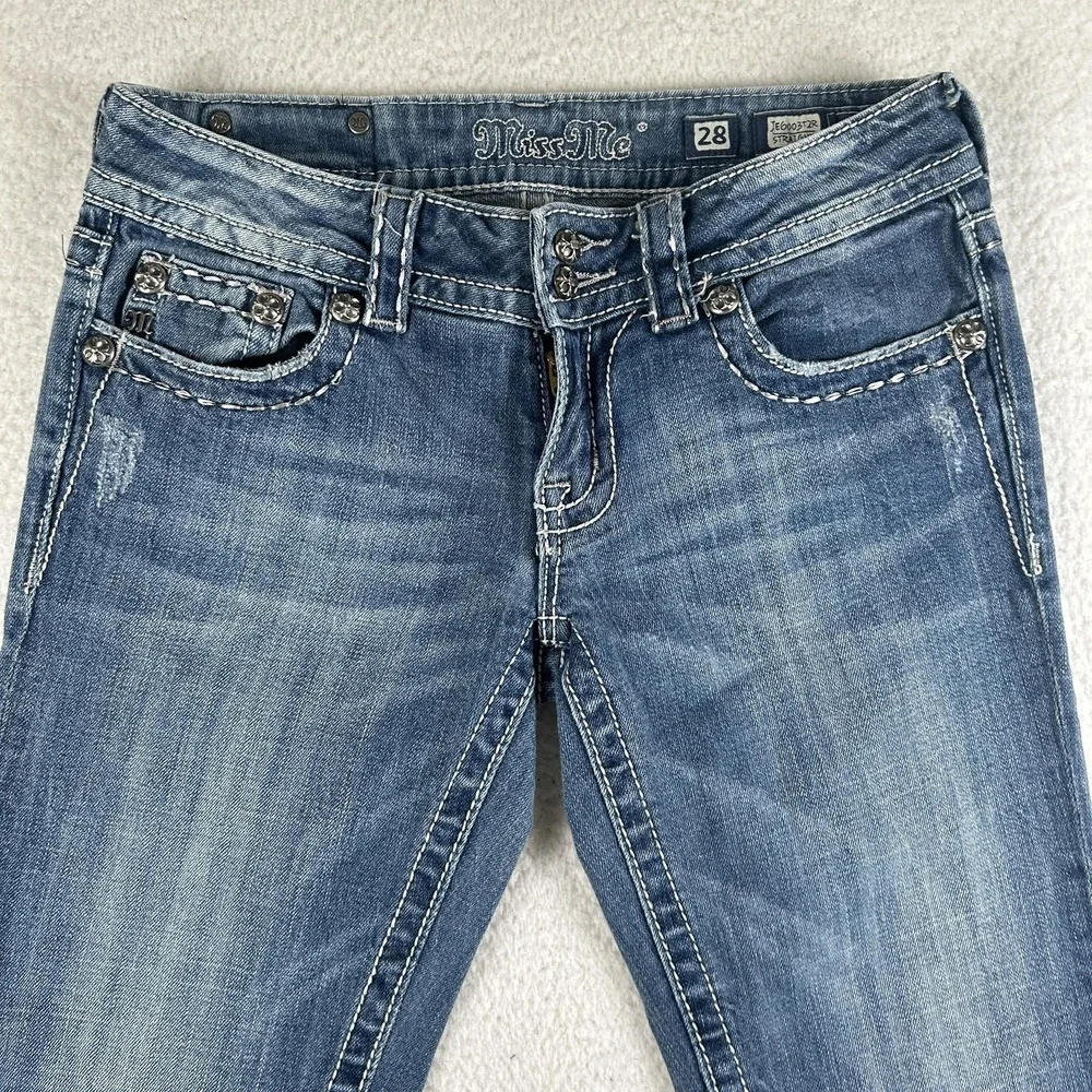 Miss Me‎ Jeans Womens 28 Straight Leg Embellished Flap Pockets Y2K Angel Wings - Picture 6 of 16